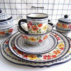 Flowers Home欧式 14寸陶瓷大鱼盘 手绘彩花面碗餐盘茶壶烤盘套装