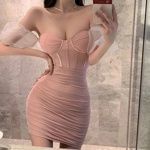Strapless dress waist closing pleated chest showing spice girl hip wrapping mesh dress