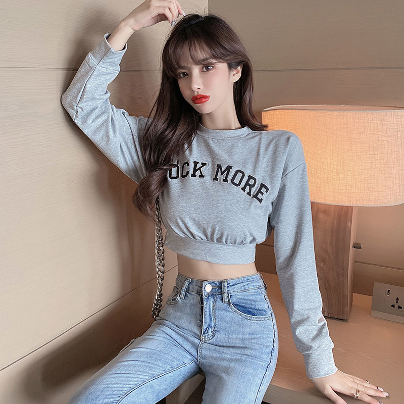 控价35韩主播气质高腰短款露脐卫衣女字母刺绣上衣图片