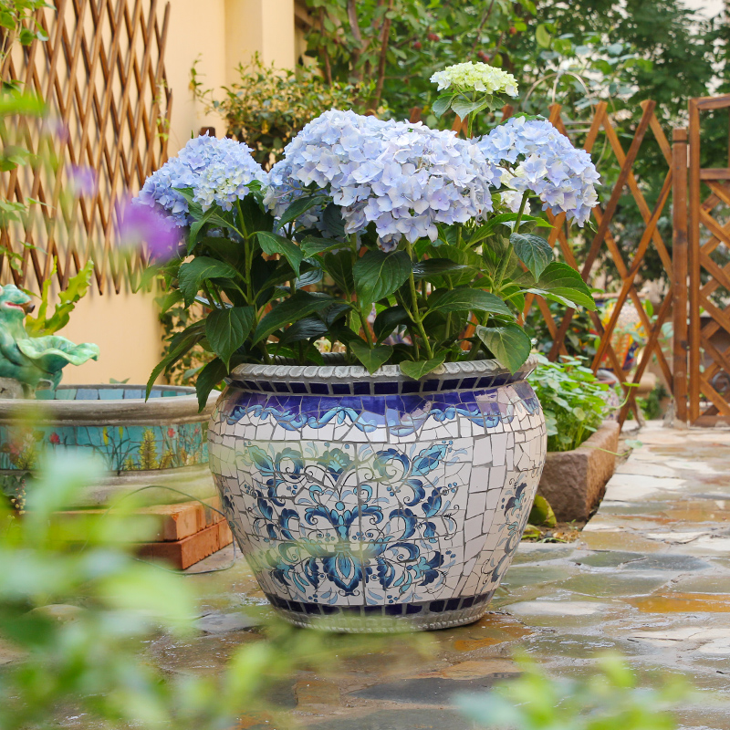 大中小号彩瓷马赛克花盆 庭院花园阳露台装饰品绿植套盆花器有孔