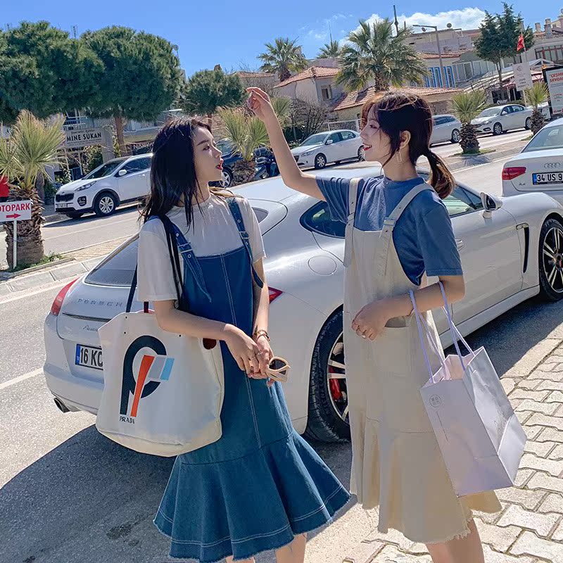 春夏2018新款女装韩版宽松显瘦鱼尾裙学生牛仔背带裙t恤两件套装|msdalam kategori sukan/Yoga/kecergasan/bekalan peminat, Dance/Aerobik/Gymnastics, Hip-hop, pakaian hip-hop - dari Buy2taobao.com untuk memberikan perkhidmatan ejen Taobao profesional membeli