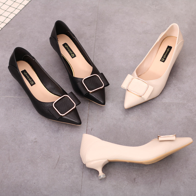 小跟高跟鞋女2021新款3cm低跟软皮水钻3公分职业矮跟猫跟细跟单鞋