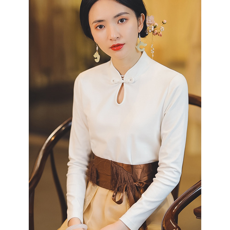 复古日记笙箫丨手工一字水滴领琵琶扣中式立领长袖质感棉t恤