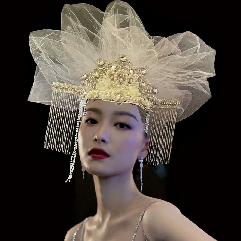 白色舞台走秀派对演出酒吧t台头饰美女发饰饰品夸张流苏橱窗展示