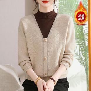 2025新款毛衣女加绒假两件针织衫时尚百搭冬季上衣羊毛衫洋气打底