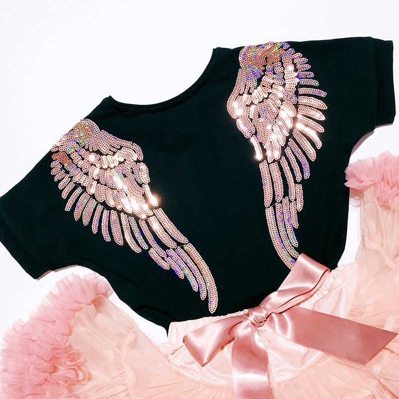 ins超火天使翅膀亮片刺绣t恤儿童宽松纯棉亲子装短袖上衣女夏
