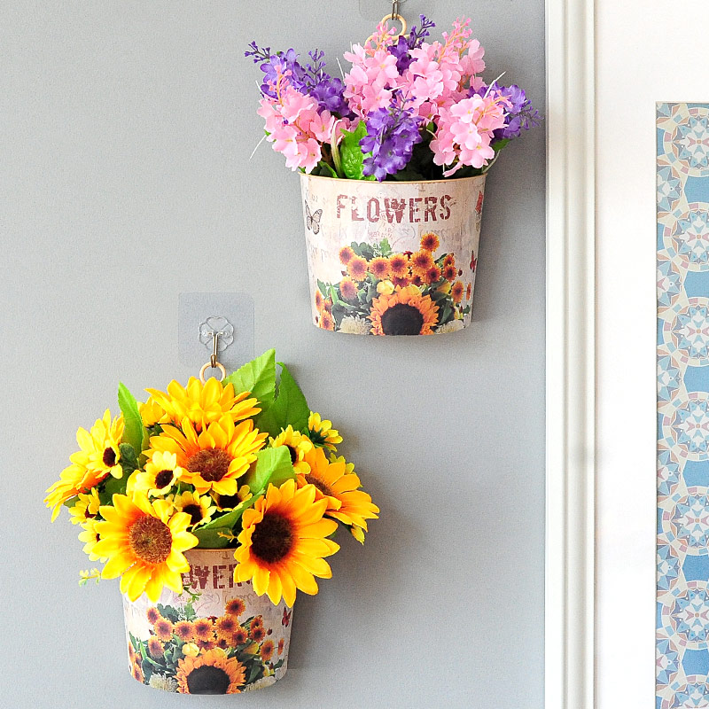 挂壁向日葵花篮套装挂饰壁挂墙塑料假花室内吊篮墙面节日装饰花卉