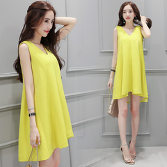 2016夏季新款女装韩版连衣裙宽松无袖大码气质中长款A字裙亮黄色