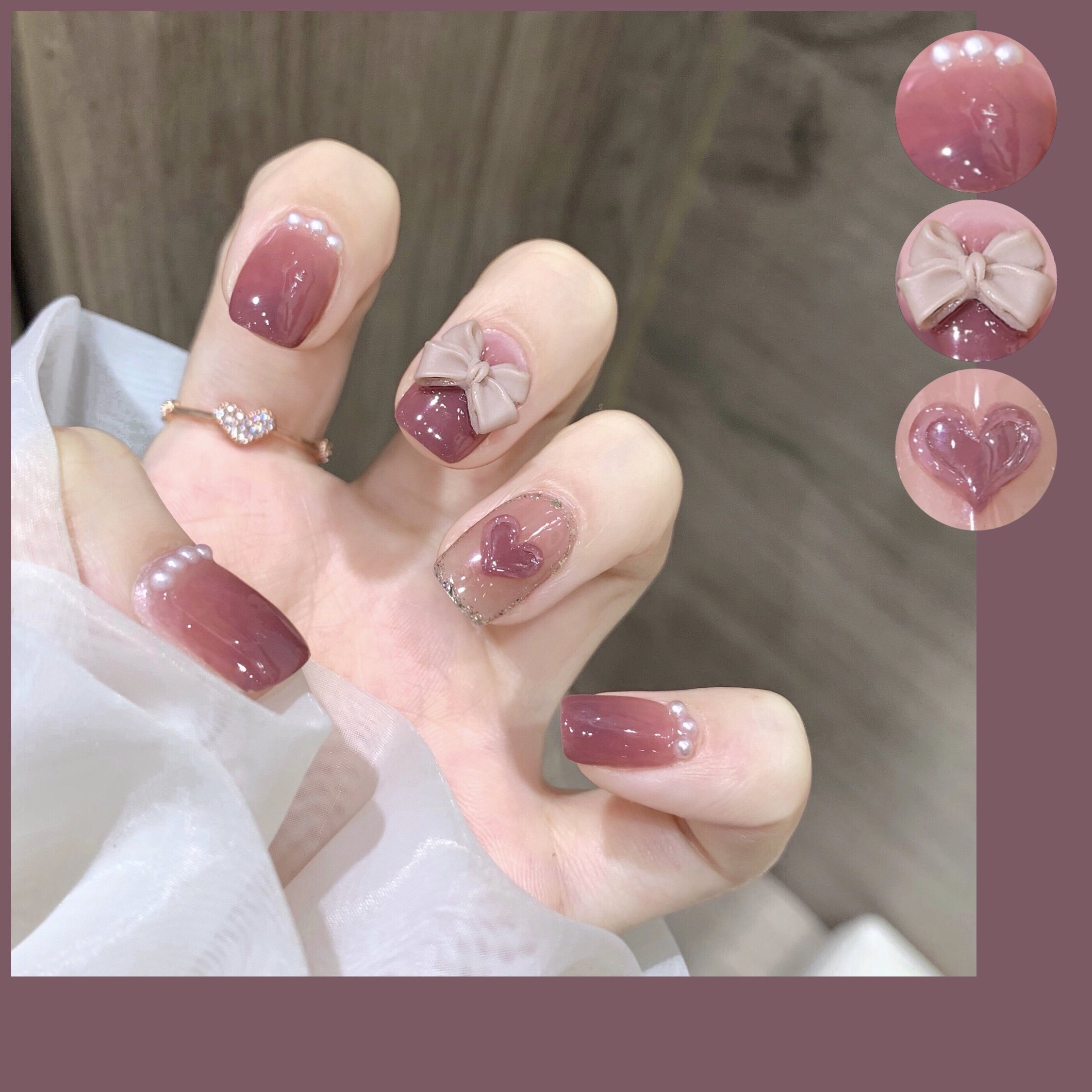 淳贵人手工指甲贴片秋冬温柔显白豆沙色蝴蝶结美甲成品穿戴式甲片