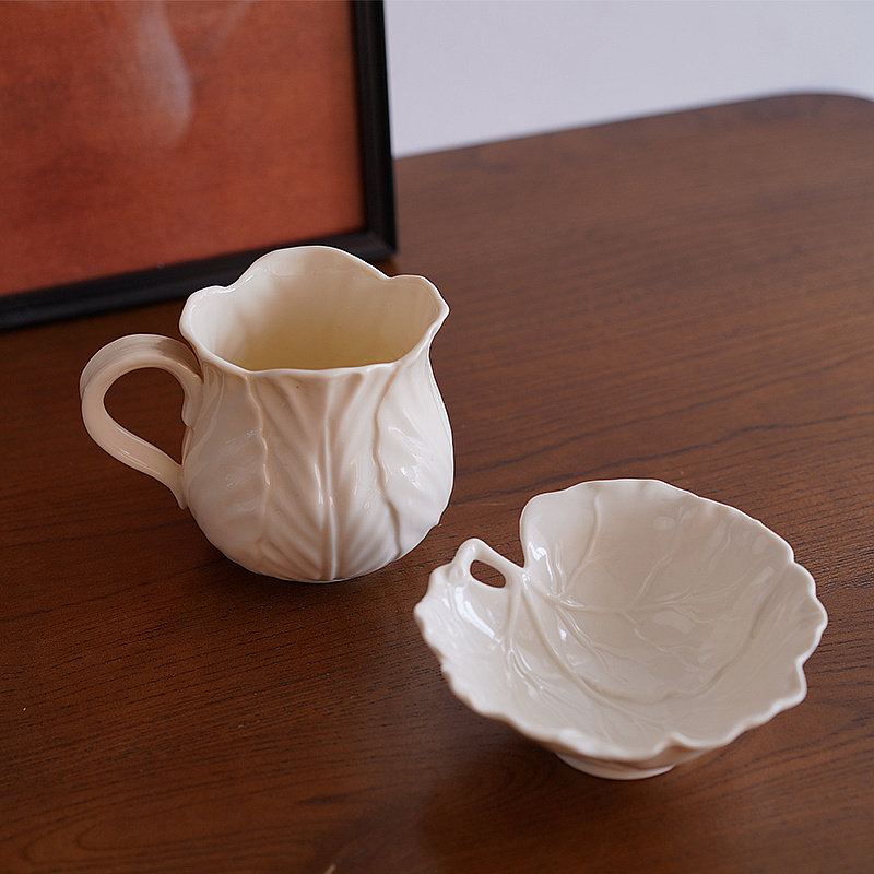 (今日10折)出口欧式浮雕树叶造型陶瓷下午茶点心小碗 奶壶奶杯甜品碟