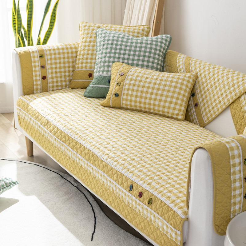 四季通用纯棉沙发垫子简约现代全棉沙发套罩巾飘窗垫黄色布艺坐垫