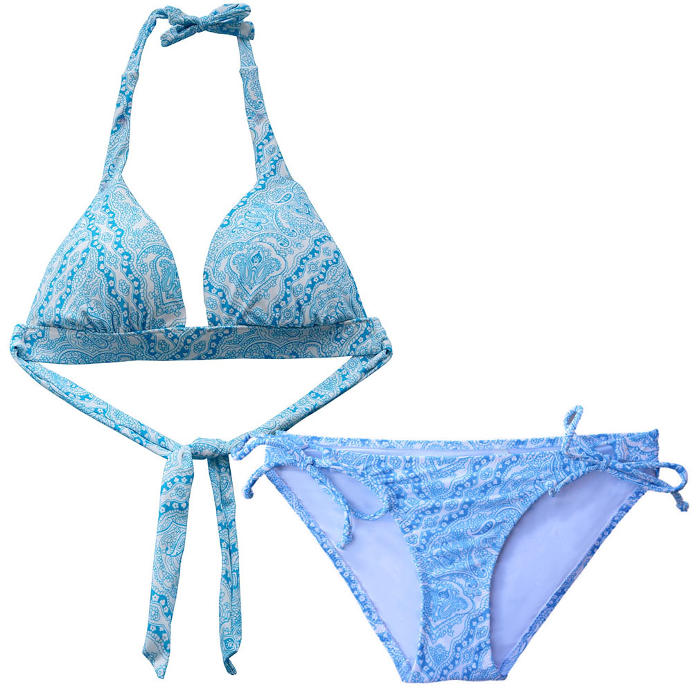 三角比基尼青瓷兰泳装弹性带胸垫超级性感聚拢泳衣海边锦纶遮肉海