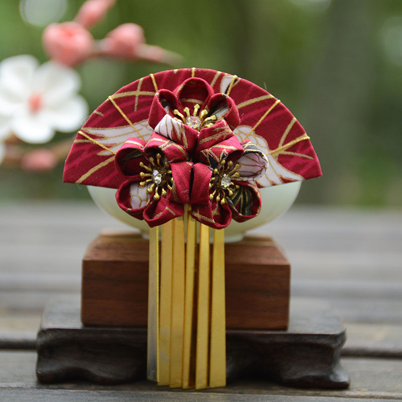 艺妓头饰_6色 细工花汉服发夹日式艺妓花魁绉布头饰和服浴衣布花簪