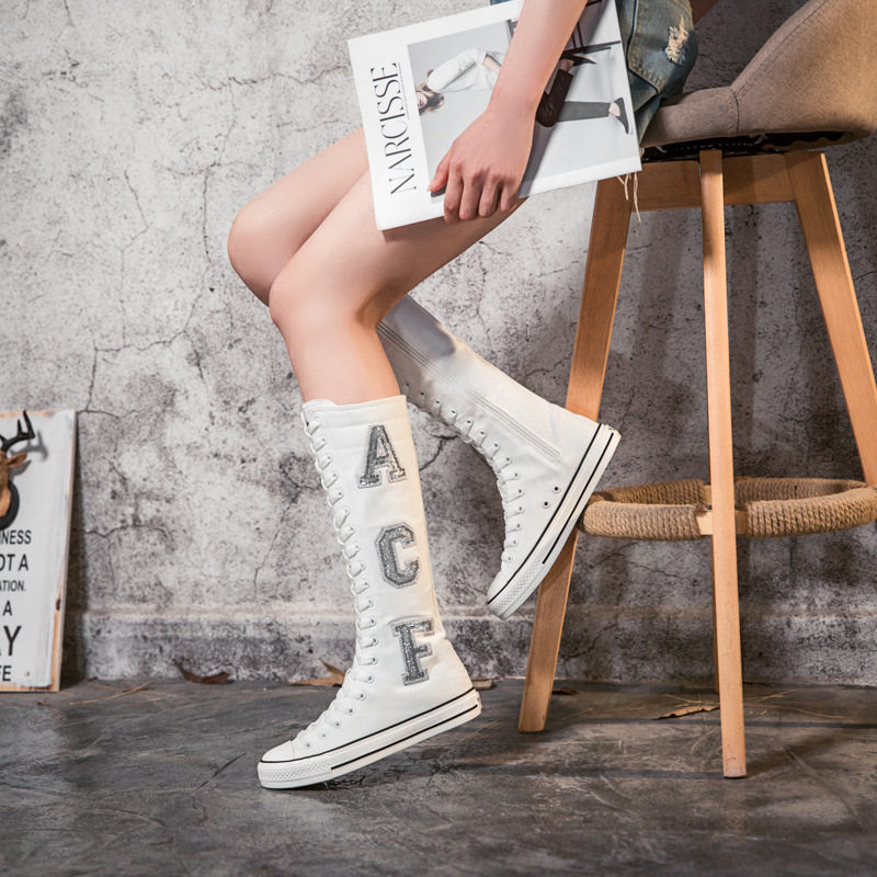 亮片长筒帆布鞋女靴子休闲女鞋高筒板鞋拉链内增高ins潮小白大码
