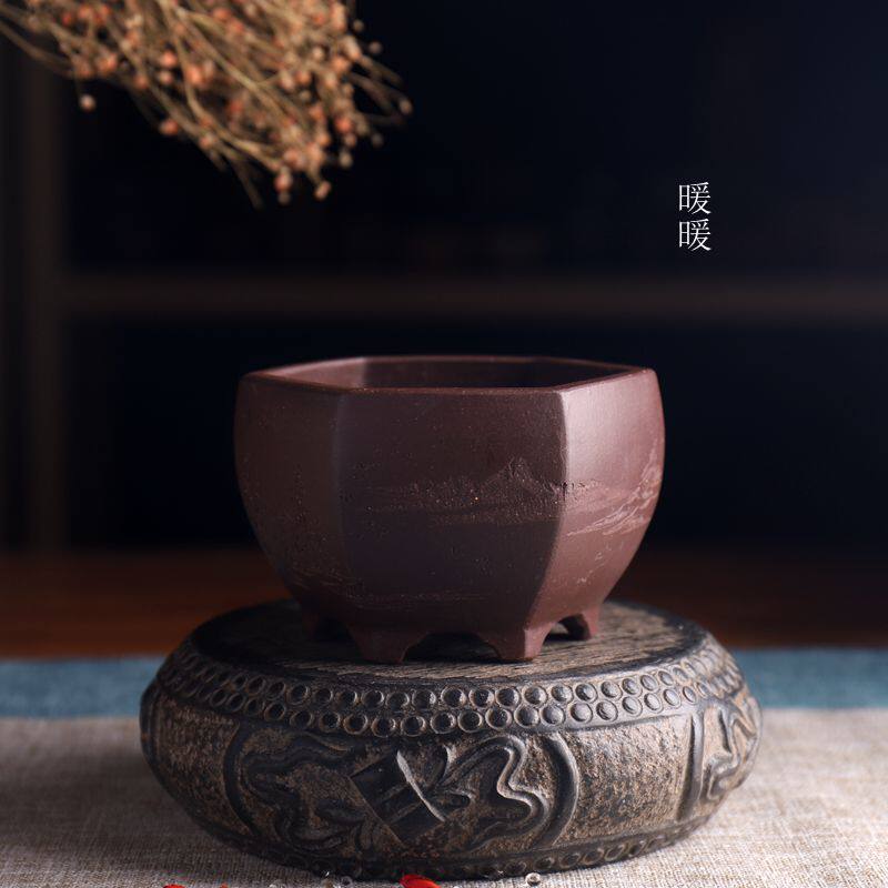 圆六方精品紫砂小花盆苏兵送底盘