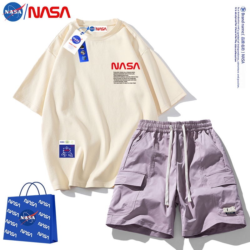 NASA潮牌夏季纯棉短袖宽松圆领t恤男工装短裤男休闲套装一套搭配