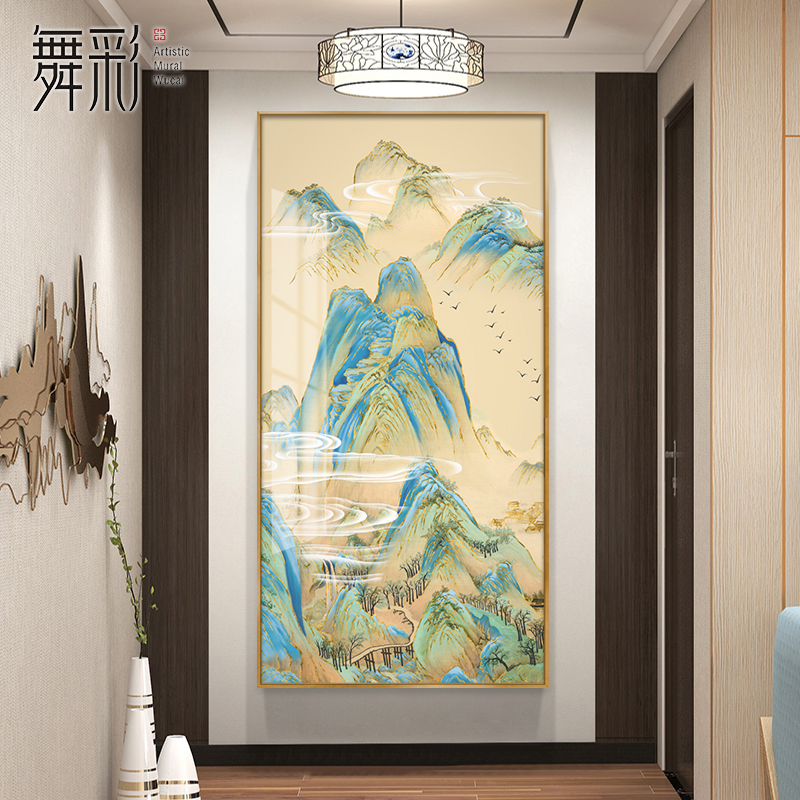 新中式入户玄关挂画千里江山图山水画古风国画竖版客厅过道装饰画