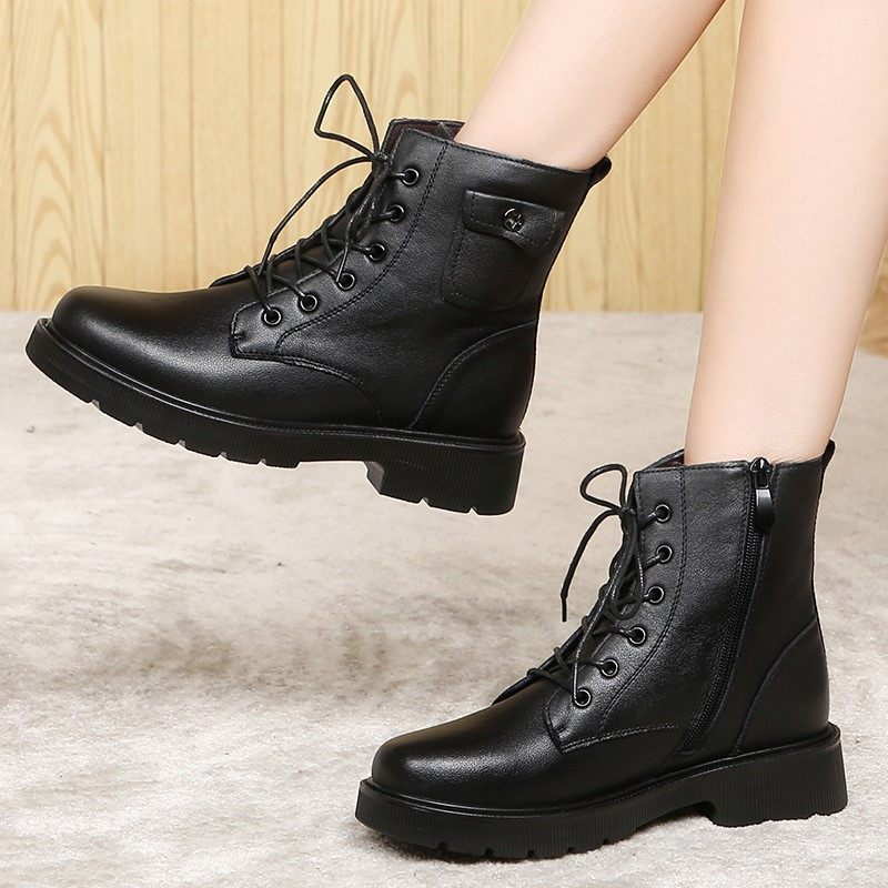 冬装平底马靴子棉鞋孑冬天穿的冬鞋子短筒女装高中学生半桶土