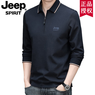 JEEP吉普2023春秋新款大牌衣服长袖T恤男士大码宽松半拉链POLO衫