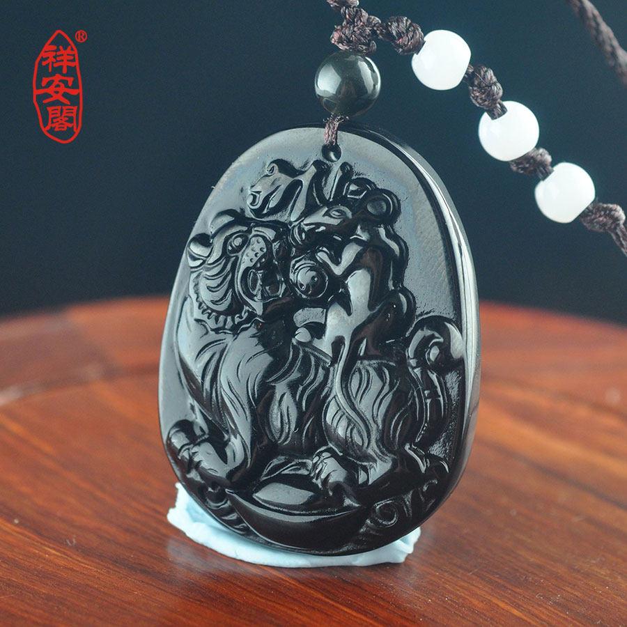 祥安阁2019年属龙吉祥物鼠虎献宝黑曜石吊坠开运招财项链饰品男女
