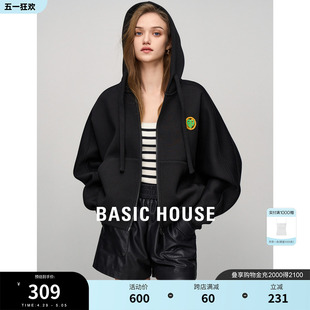 Basic House/百家好拉链开衫连帽卫衣女2024春季新款绣花宽松上衣