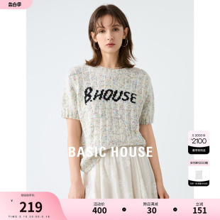 Basic House/百家好针织短袖T恤女2024春季新款撞色提花羊毛衫