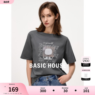 Basic House/百家好时尚印花短袖T恤女2024夏季新款圆领正肩上衣