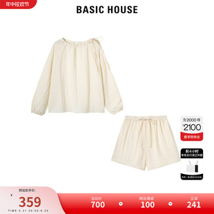 Basic House/百家好慵懒风露肩上衣女2024夏季新款宽松短裤两件套