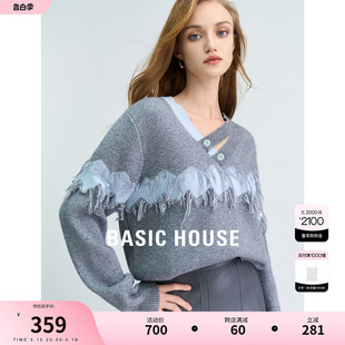Basic House/百家好针织衫女春季新款设计感小众宽松拼接毛衣