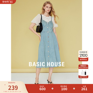 Basic House/百家好牛仔套装连衣裙新款短袖蕾丝假两件吊带连衣裙