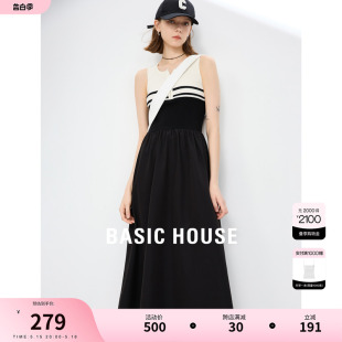 Basic House/百家好法式无袖连衣裙2024夏季新款条纹拉链女背心裙