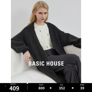 Basic House/百家好针织衫春季新款长款外套羊毛衫针织开衫