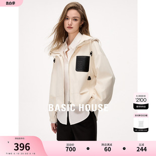 Basic House/百家好简约连帽拼色工装外套女2024春季新款短款上衣