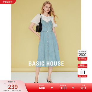 Basic House/百家好牛仔套装连衣裙新款短袖T恤女蕾丝吊带连衣裙