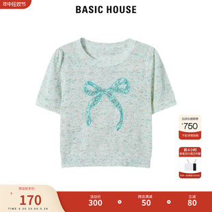 Basic House/百家好减龄蝴蝶结针织短袖2024夏季新款撞色女上衣