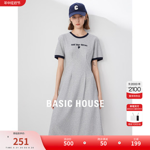 Basic House/百家好圆领显瘦T恤裙女2024夏季新款高腰休闲连衣裙