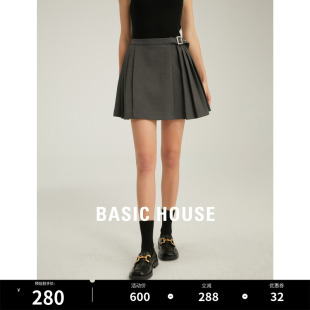 Basic House/百家好a字半身裙女夏季新款灰色高腰短裙百褶裙