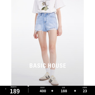 Basic House/百家好毛边高腰牛仔短裤女夏季新款显瘦a字热裤