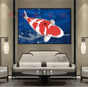 锦鲤装饰画办公室带框平面油画布喷绘客厅红白昭和白写绯写壁画