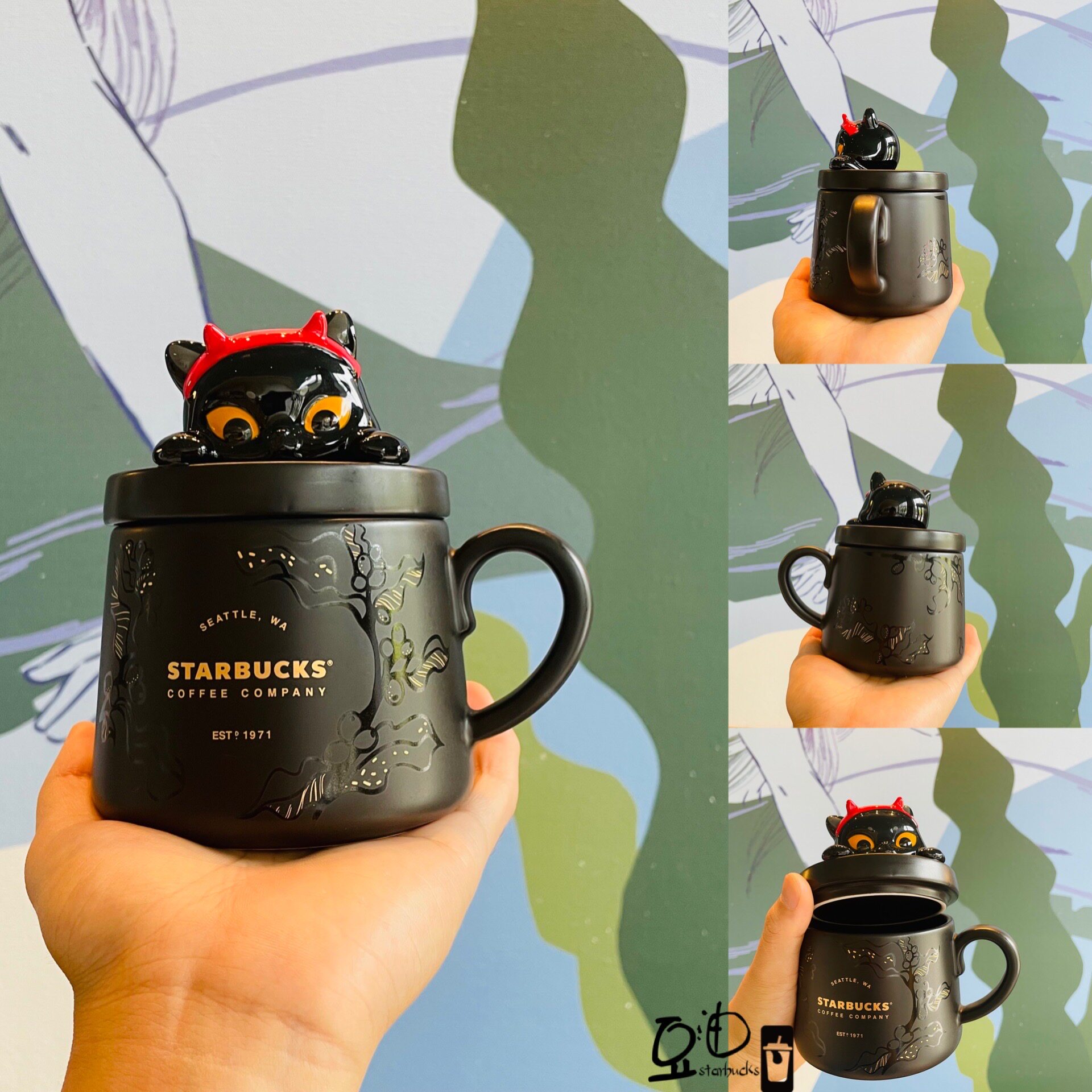 星巴克杯2021新款万圣节黑猫咪赏卡通咖啡款杯盖组陶瓷马克水杯子