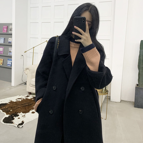 ANNA纯手工双面呢子羊绒大衣女2019秋冬中长款过膝简约羊毛呢外套