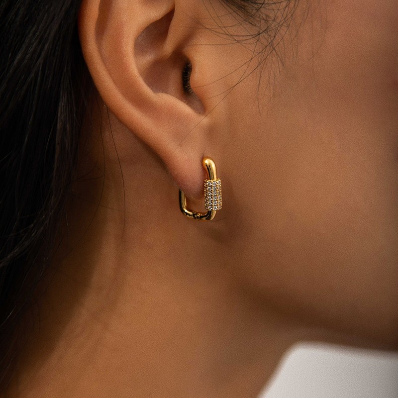 WEARRING 锆石几何耳钉方形法式铜镀18K小众耳圈小巧百搭时尚款