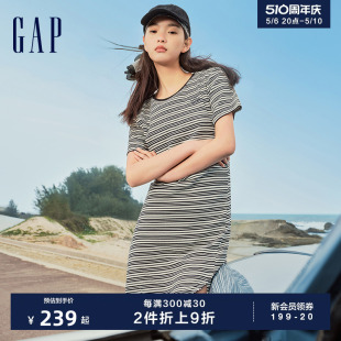 Gap女装2024夏季新款条纹褶裥收腰短袖连衣裙清新甜美长裙512504