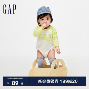 Gap婴儿2024春季新款纯棉小熊logo插肩袖连体衣儿童装爬服890310