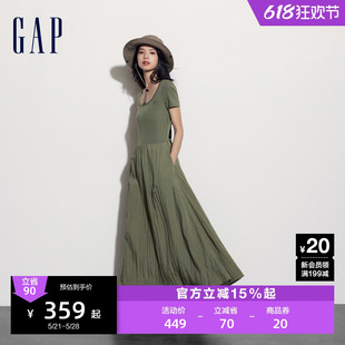 Gap女装2024夏季新款拼接褶皱方领短袖连衣裙简约纯色长裙406427