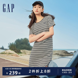 Gap女装2024夏季新款条纹褶裥收腰短袖连衣裙清新甜美长裙512504