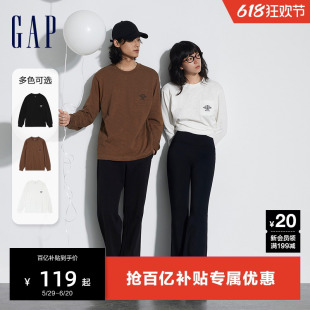 Gap男女装2024春季新款竹节棉logo口袋圆领长袖T恤休闲上衣876990