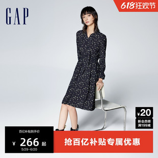 Gap女装2024春夏新款蝴蝶结系带碎花泡泡袖收腰连衣裙长裙890019