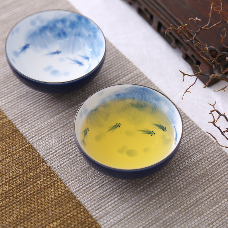 陶瓷茶具 功夫茶具盖碗茶杯 霁蓝釉下手绘普洱杯茶碗茶盏 品茗杯