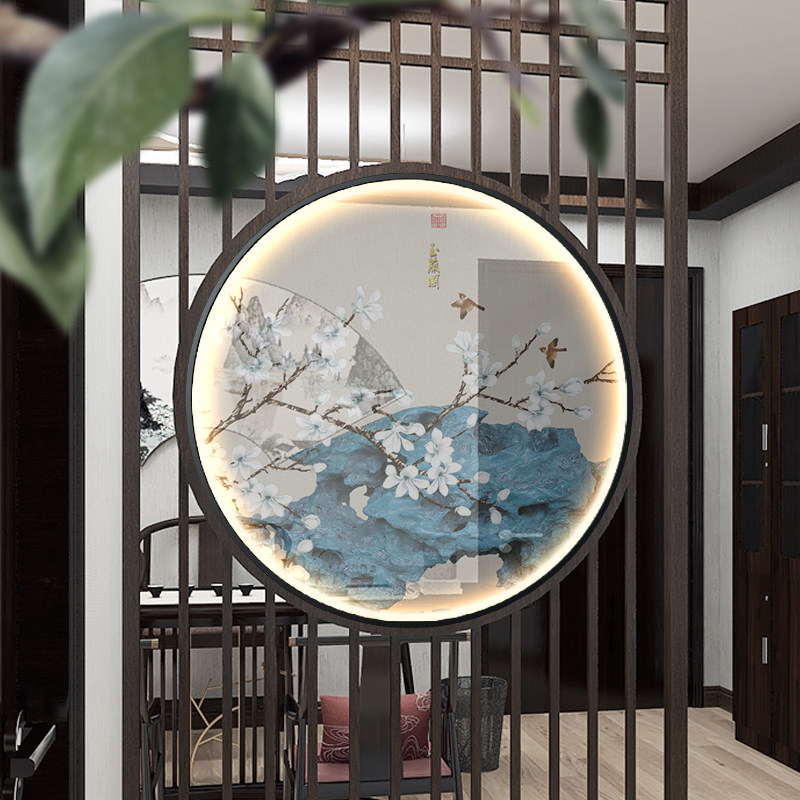 屏风客厅双面玄关入户灯画纱画半透隔断中式现代装饰画
